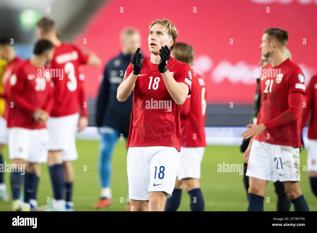 Oslo, Norvegia. 16 novembre 2023. Kristian Thorstvedt (18) della Norvegia visto dopo la partita amichevole di calcio tra Norvegia e Isole Faroe all'Ullevaal Stadion di Oslo. (Foto: Gonzales Photo/Alamy Live News Foto Stock