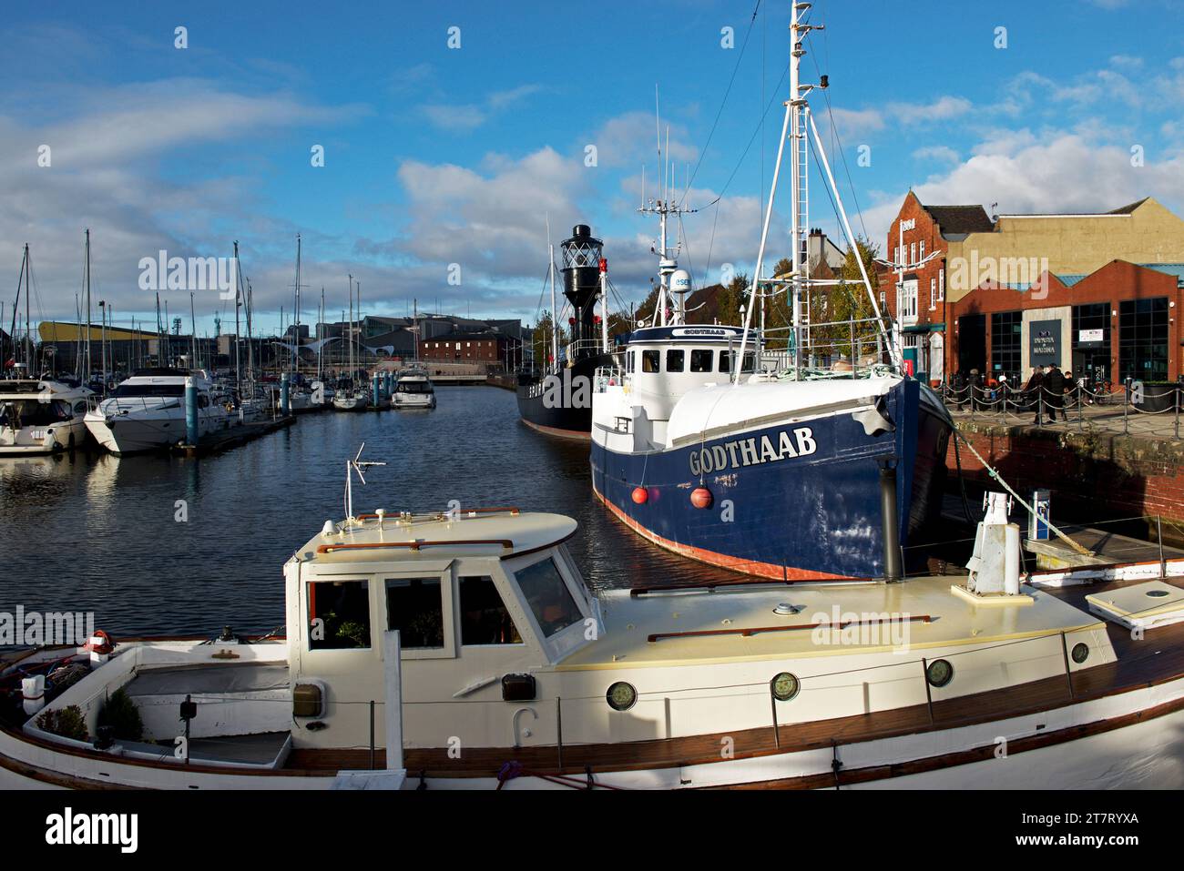 Barche ormeggiate nel porticciolo, Hull, Humberside, East Yorkshire, Inghilterra Regno Unito Foto Stock