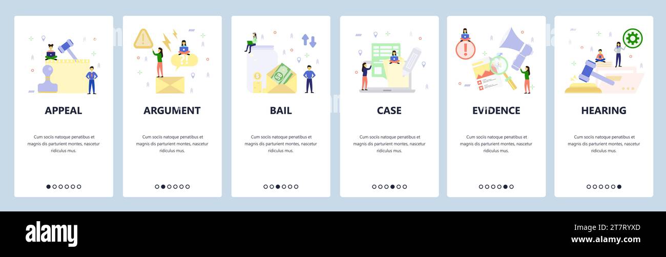Schermate di onboarding delle app mobili. Ricorso giurisdizionale, cauzione, causa legale, prove, udienza, avvocato. Modello di banner vettoriale per siti Web e dispositivi mobili Illustrazione Vettoriale