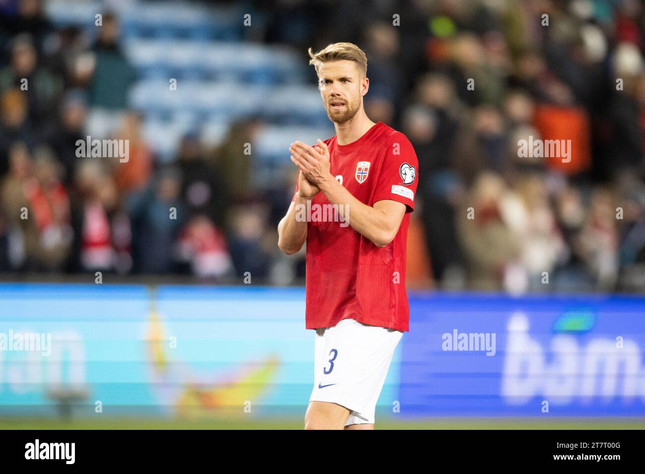 Oslo, Norvegia. 16 novembre 2023. Kristoffer Ajer (3) della Norvegia visto dopo la partita amichevole di calcio tra Norvegia e Isole Faroe all'Ullevaal Stadion di Oslo. (Foto: Gonzales Photo/Alamy Live News Foto Stock