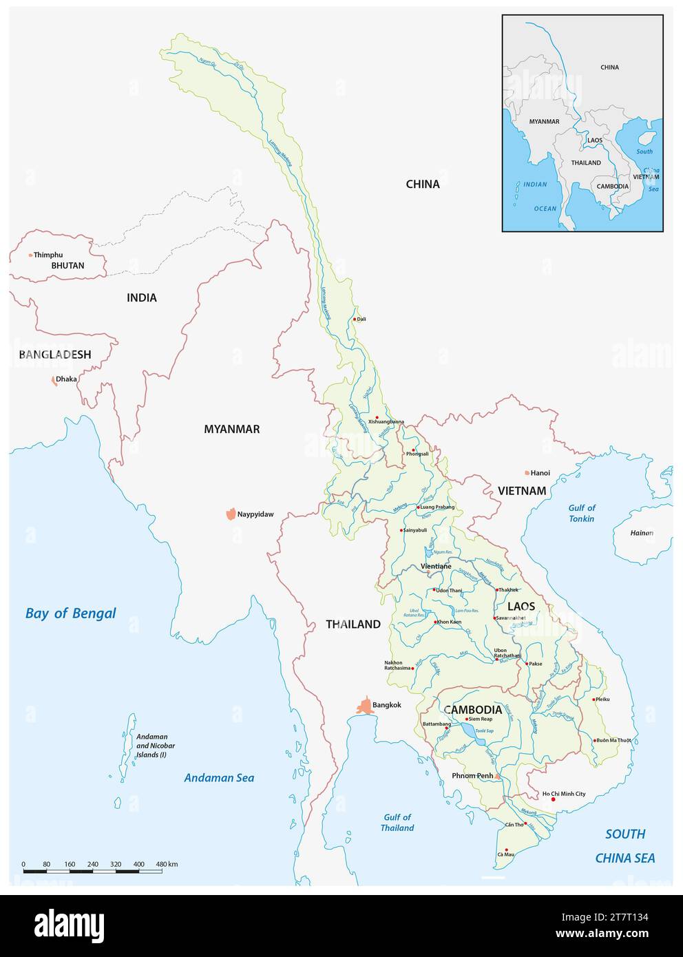 Mappa vettoriale dettagliata del fiume Mekong Foto Stock
