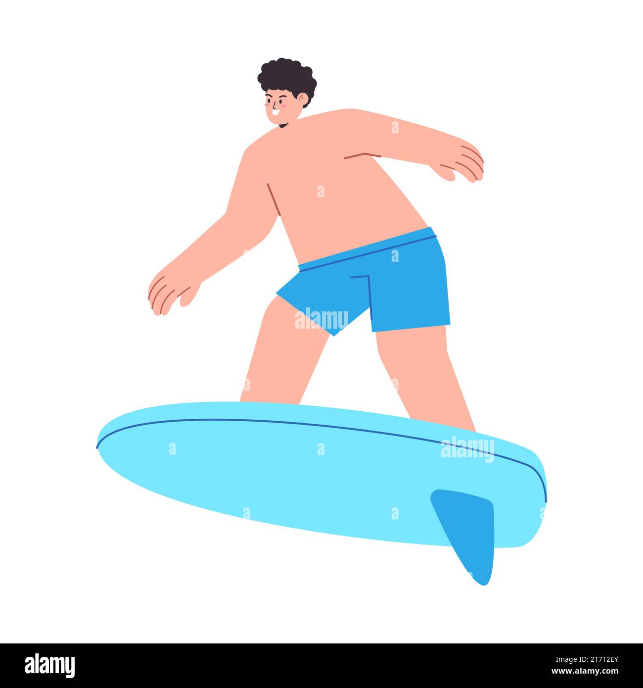 un giovane uomo affascinante gioca a surf con tavole da surf di colore blu, divertimento in vacanza all'aperto nell'oceano Illustrazione Vettoriale