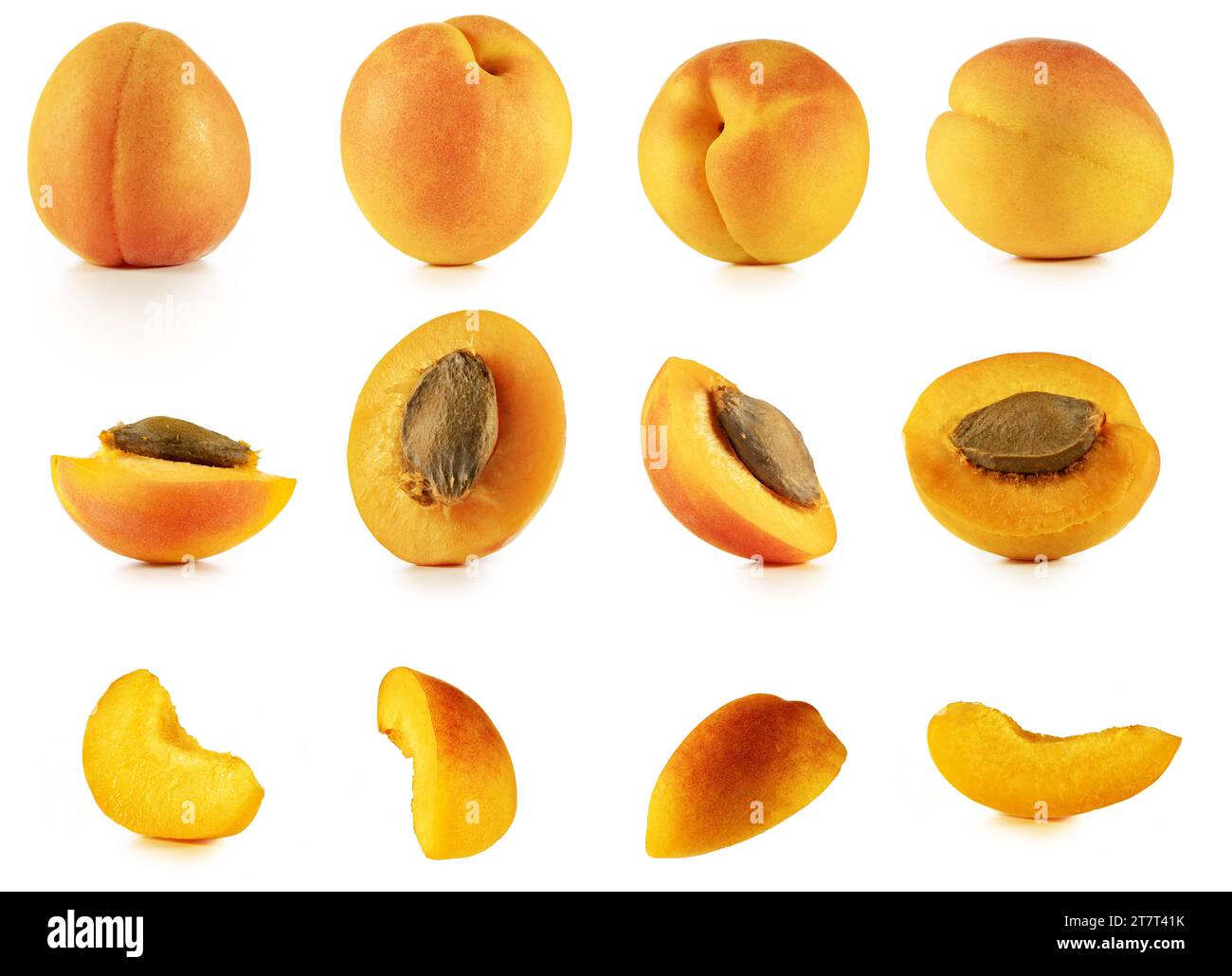 Set di frutti di albicocca interi, metà e quarto isolati su sfondo bianco. Collezione di scatti da studio autentici. Foto Stock