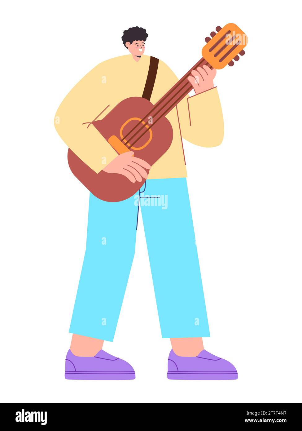 Uomo che suona chitarra strumento chitarrista solo piatto colorato illustrazione giovane cartoni animati Illustrazione Vettoriale