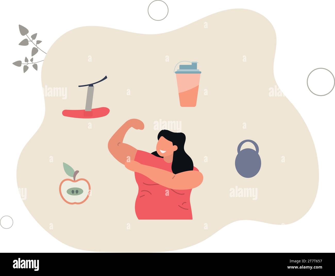 Perdita di peso.controlla la nutrizione con il piano dietetico.donna che flette i bicipiti e posa.illustrazione vettoriale piatta. Illustrazione Vettoriale