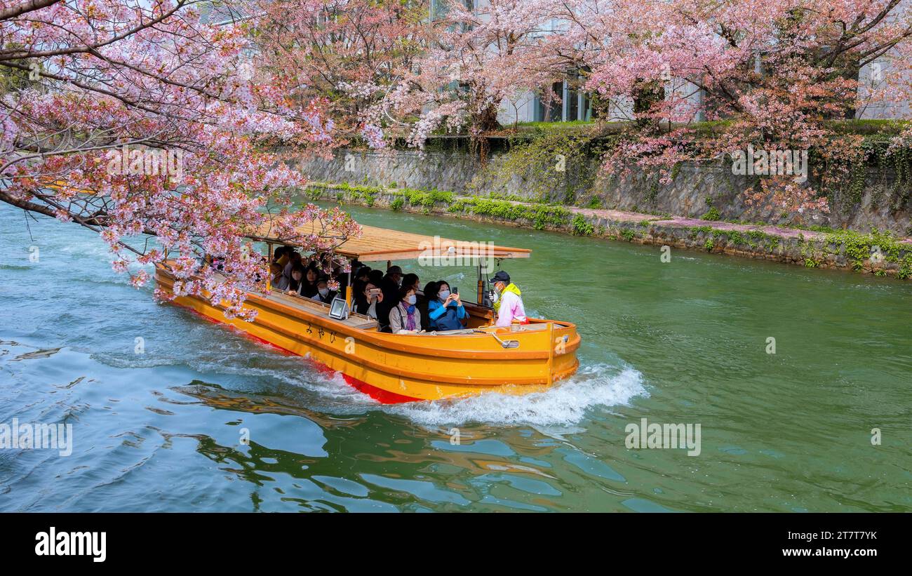 Kyoto, Giappone - 2 aprile 2023: Il giro in barca Okazaki Jikkokubune effettua una crociera di tre chilometri dal molo delle barche di Nanzenji alla diga di Ebisu e ritorno Foto Stock