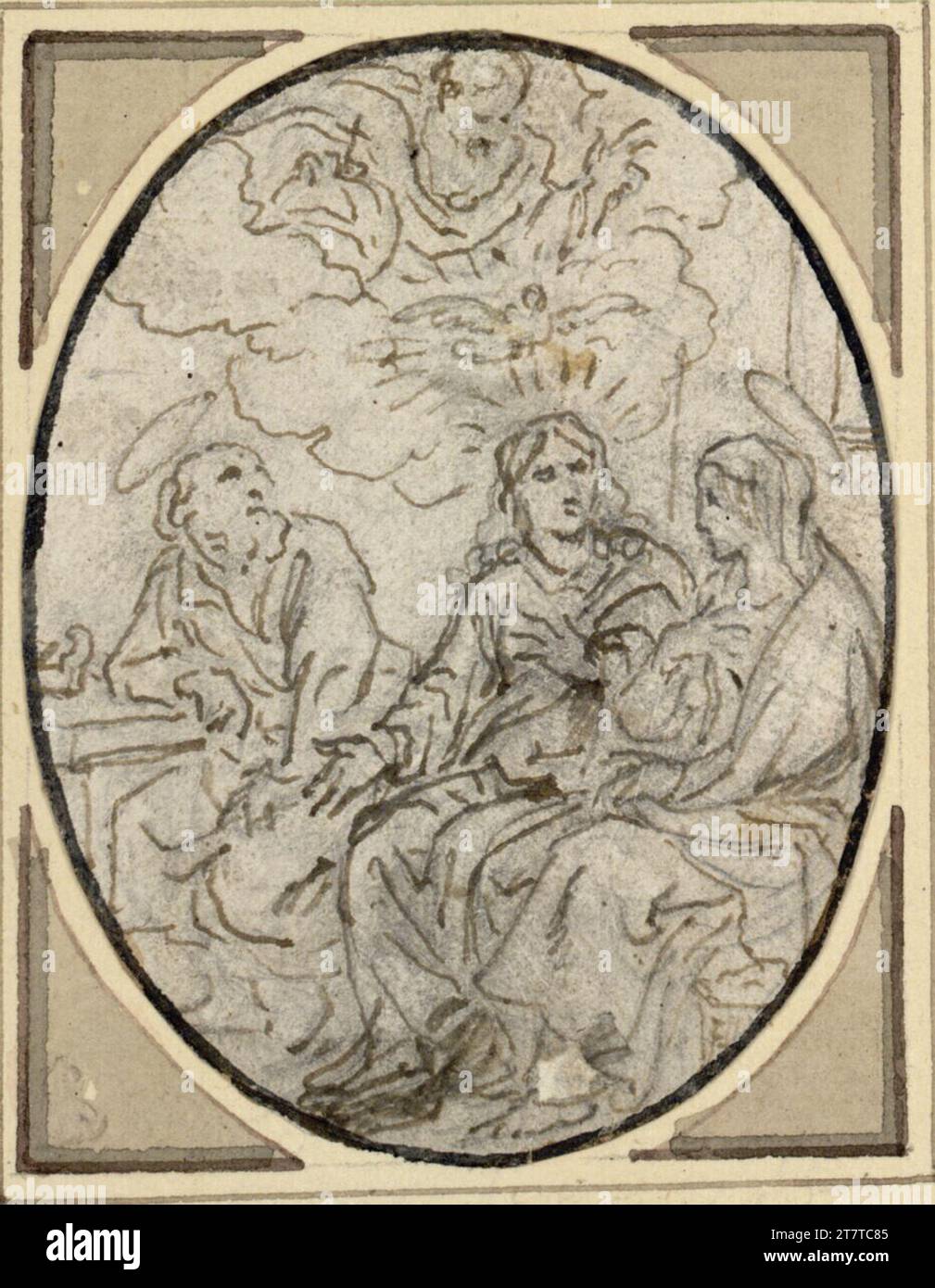 Abraham van Diepenbeeck il giovane Gesù in conversazione con Maria e Giuseppe. Matita grafitica, strofinata, molla di colore marrone, imbrogliata sul taglio ovale sull'ovale; nervatura con cedimento sul fondo Foto Stock