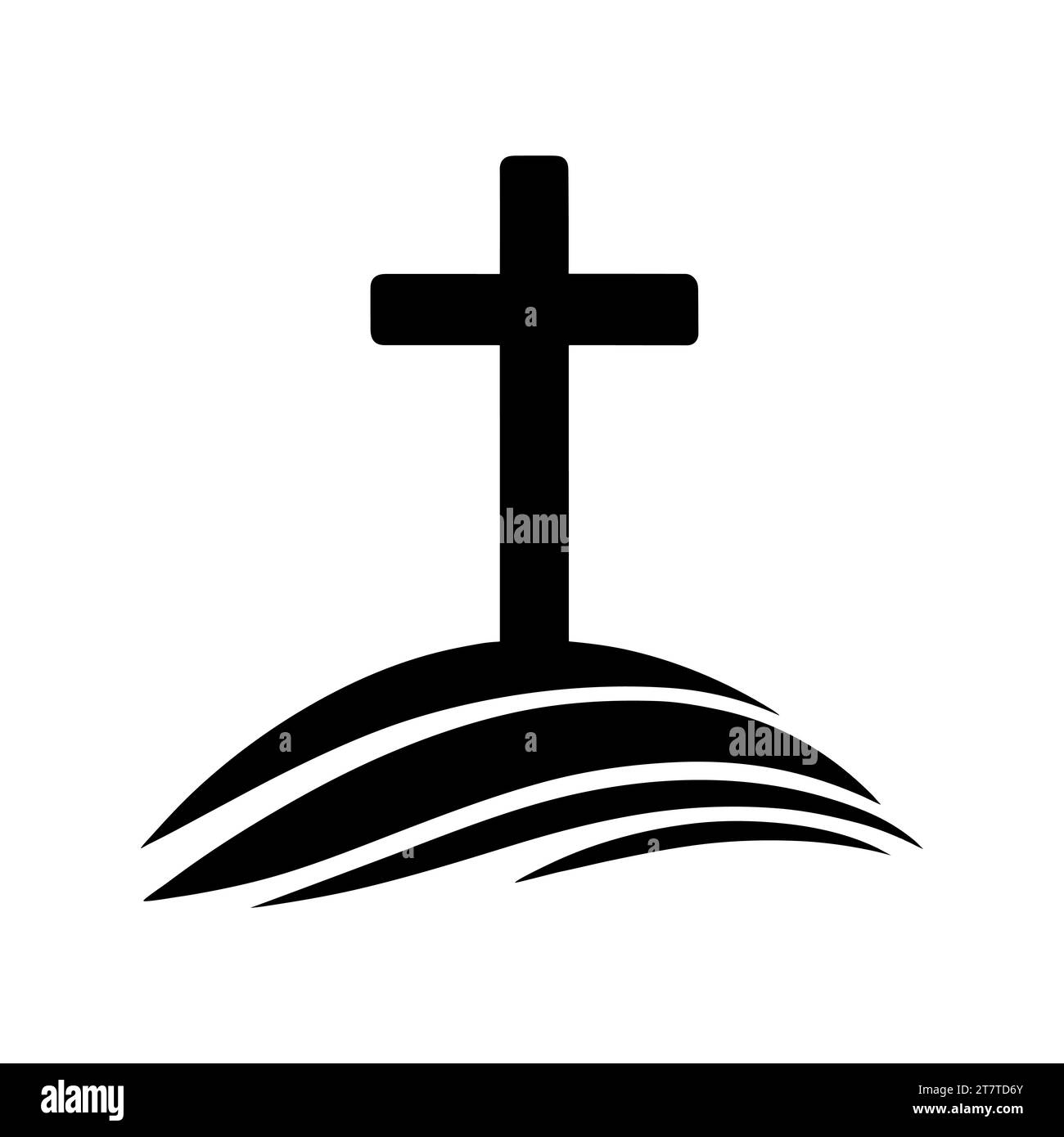 Silhouette nera di una croce su Calvary Hill. Icona religiosa su sfondo bianco. Illustrazione vettoriale. Illustrazione Vettoriale