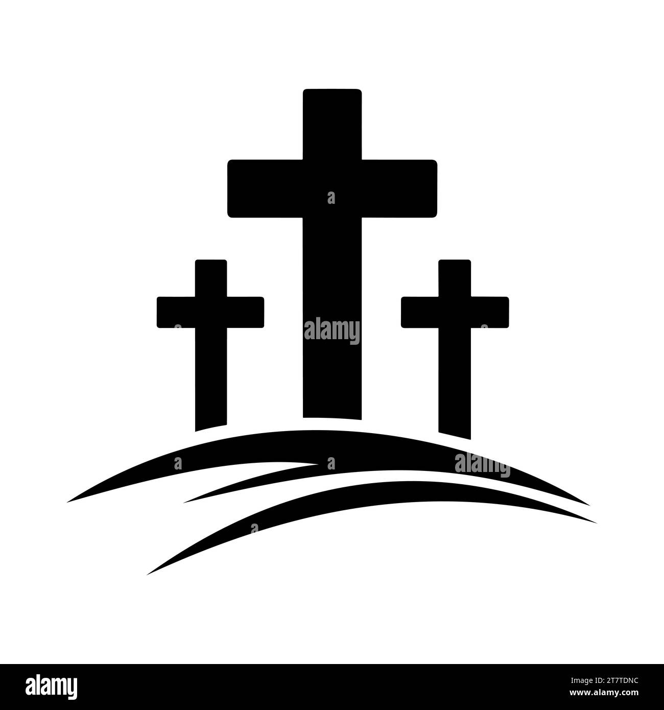 Icona Calvario. Silhouette nera di croci su Calvary Hill. Icona religiosa su sfondo bianco. Illustrazione vettoriale. Illustrazione Vettoriale