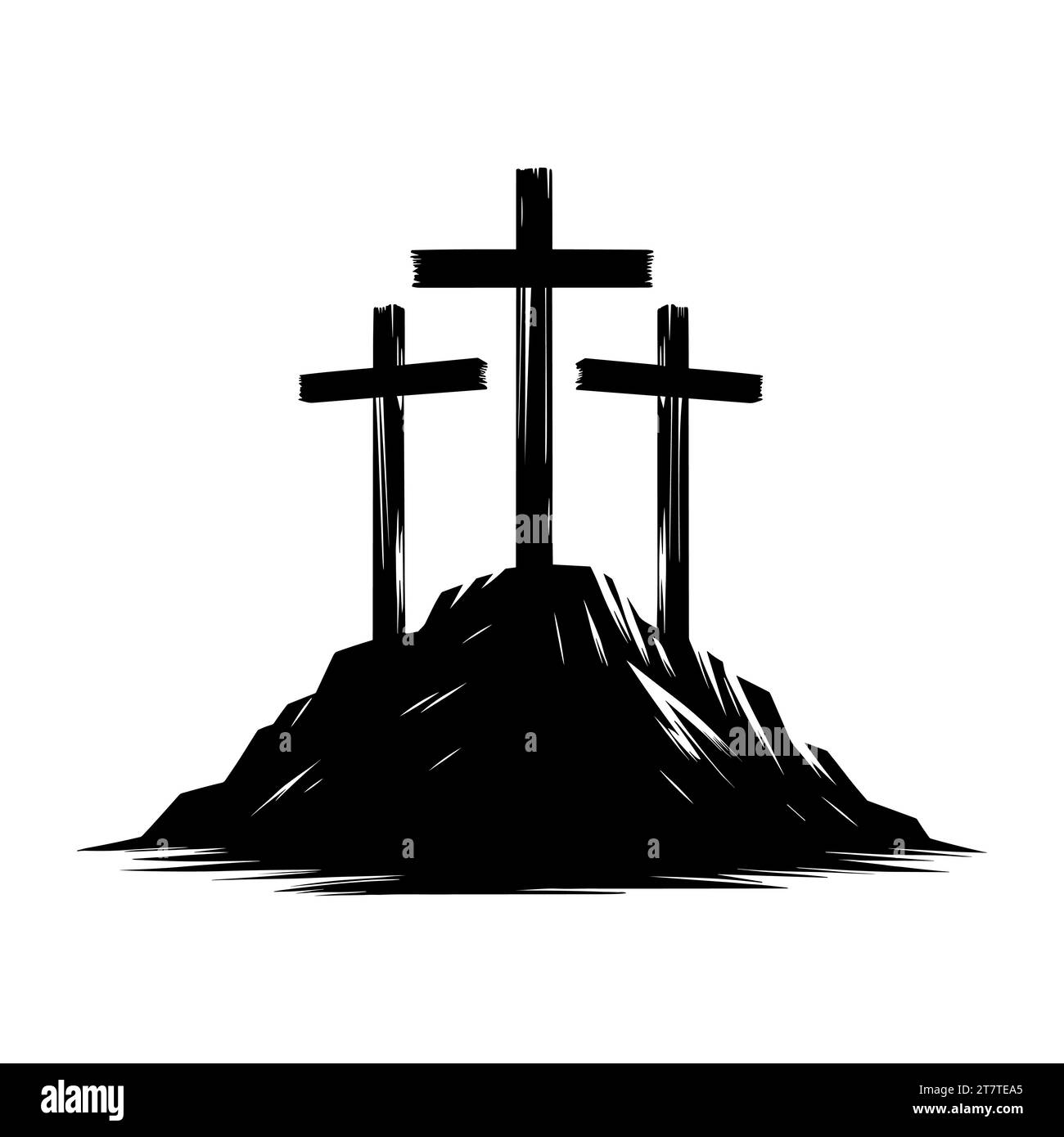 Icona Calvario. Silhouette nera di croci su Calvary Hill. Icona religiosa su sfondo bianco. Illustrazione vettoriale. Illustrazione Vettoriale