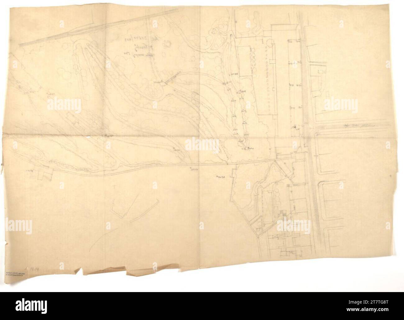 Adolf Loos (Entwerfer in) Villa Dr. Ing Frantisek e Milada Müller, Praga, XVIII (Praga-Stresovice), Stresovicka 842 (oggi 820), NAD Hradnim Vodojemem 14, Repubblica Teschischer, piano del sito con altitudine. Carta trasparente; matita 1928-1930 , 1928/1930 Foto Stock