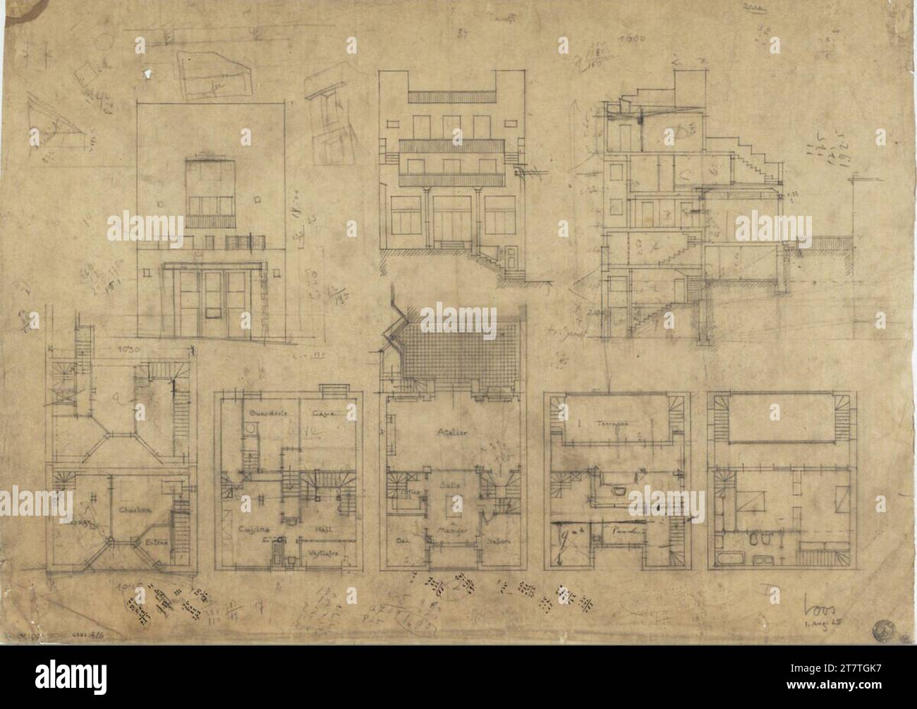 Adolf Loos (Entwerfer in) House Tristan Tzara, Paris XVIII, 15, Avenue Junot, Francia, piano di presentazione, prima versione. Carta trasparente; Pencil 1925 Planung, 1926 Bauausführung Foto Stock