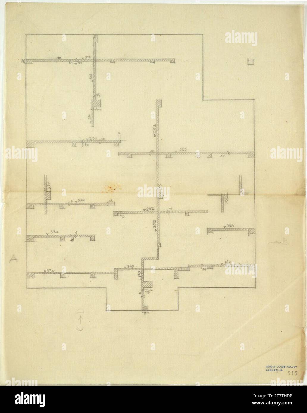 Adolf Loos (Entwerfer in) Haus Hans e Anny Moller, Vienna XVIII., Starkfriedgasse 19, planimetria (Umriß) Mezzanin con informazioni sulla costruzione del soffitto . Carta trasparente; matita 1927 , 1927 Foto Stock