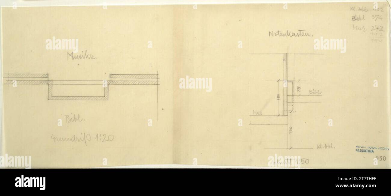 Adolf Loos (Entwerfer in) Haus Hans e Anny Moller, Vienna XVIII., Starkfriedgasse 19, progetto per i voti, sala musica, biblioteca, pianta, taglio. Carta trasparente; matita 1927 , 1927 Foto Stock