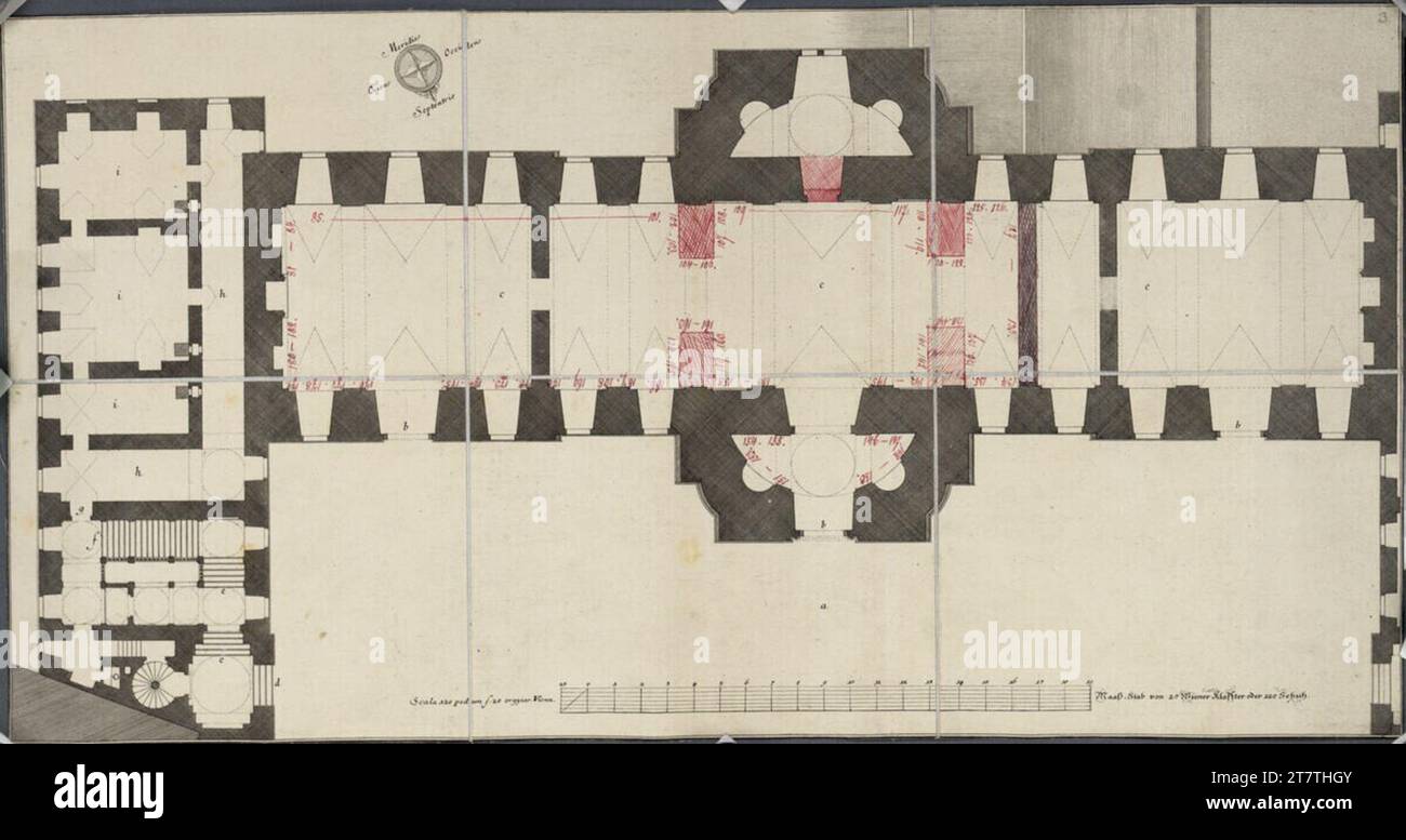 Salomon Kleiner (Zeichner in) Vienna i, Hofburg, Hofbibliothek, piano terra, planimetria, con la successiva registrazione dei pilastri. Incisione rame; Feder in rosso 1733-1760 , 1733/1760 Foto Stock