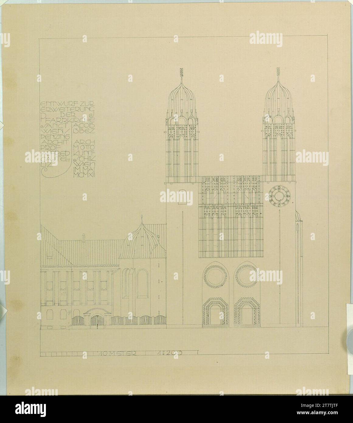 Alfred Castelliz Vienna-Penzing, estensione della chiesa parrocchiale di St. Jakob, vista principale da nord. Carta, azienda; Light Break, matita voci 1912 , 1912 Foto Stock