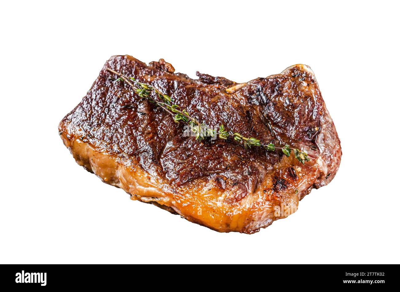 Bistecca di carne di manzo alla griglia o bistecca di New york su griglia. Isolata, sfondo bianco Foto Stock