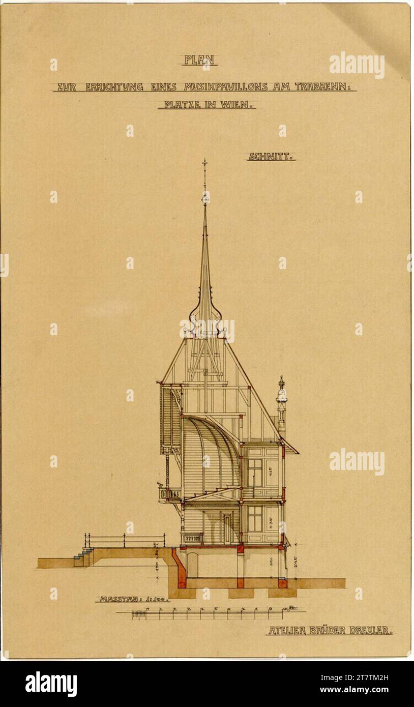 Gebrüder Anton und Josef Drexler (Entwerfer in) Vienna, Krieau, sistema trotto, nuovo progetto di costruzione del padiglione musicale, taglio. Disegno a penna; carta, media -forte; 1897 , 1897 Foto Stock