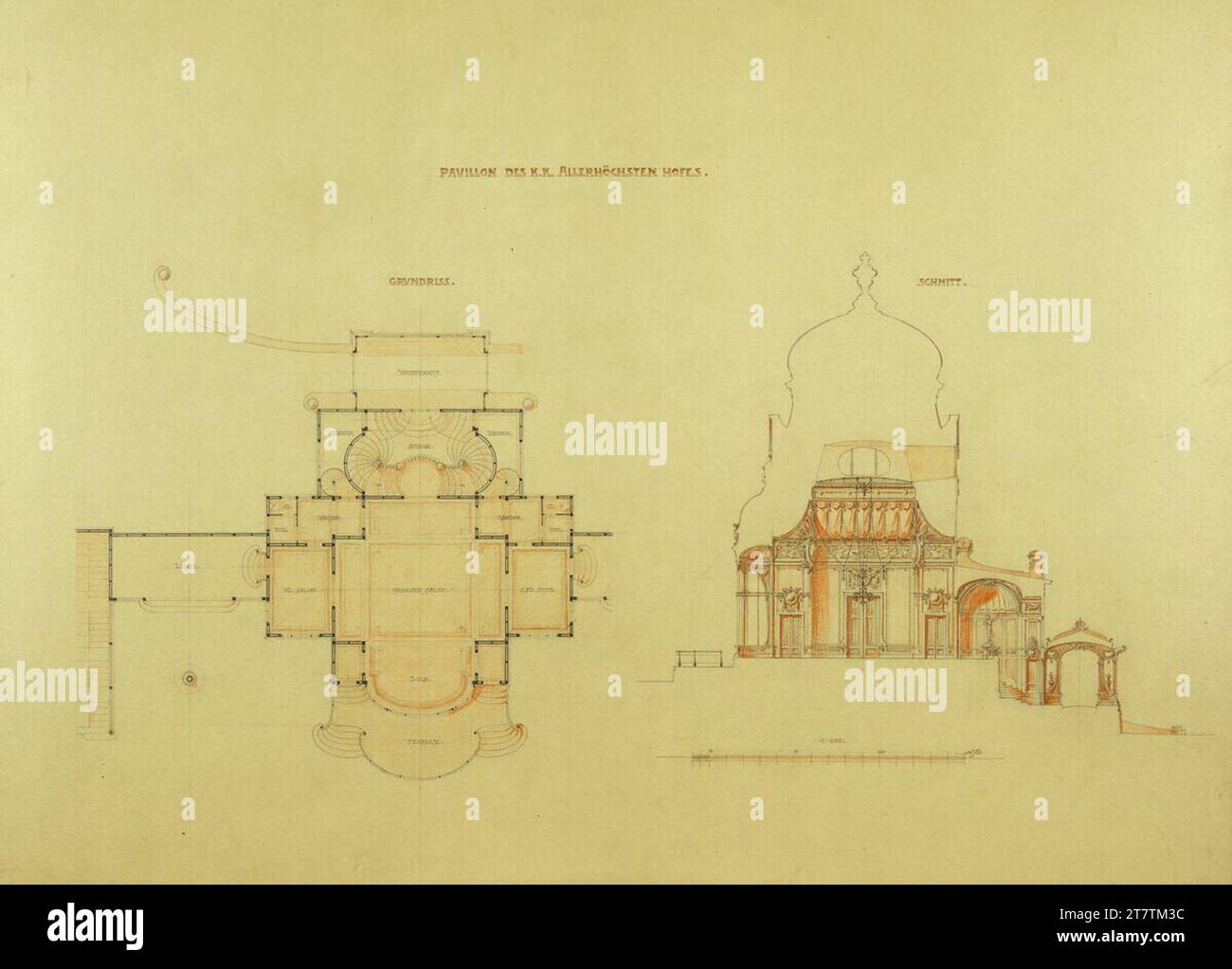 Gebrüder Anton und Josef Drexler (Entwerfer in) Vienna, Krieau, trotto racing system, progetto competitivo "dall'inizio al traguardo", padiglione del tribunale, planimetria e taglio. Disegno a matita; carta, fine; 1898 , 1898 Foto Stock