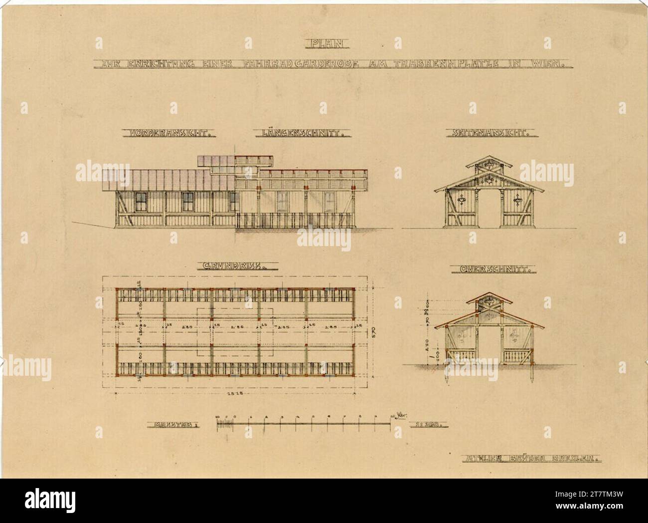 Gebrüder Anton und Josef Drexler (Entwerfer in) Vienna, Krieau, trotto, armadio per biciclette, planimetria, aprite, tagliate. Copia con disegno a matita e pastello (rosso, giallo, blu e viola); carta, media -forte Foto Stock