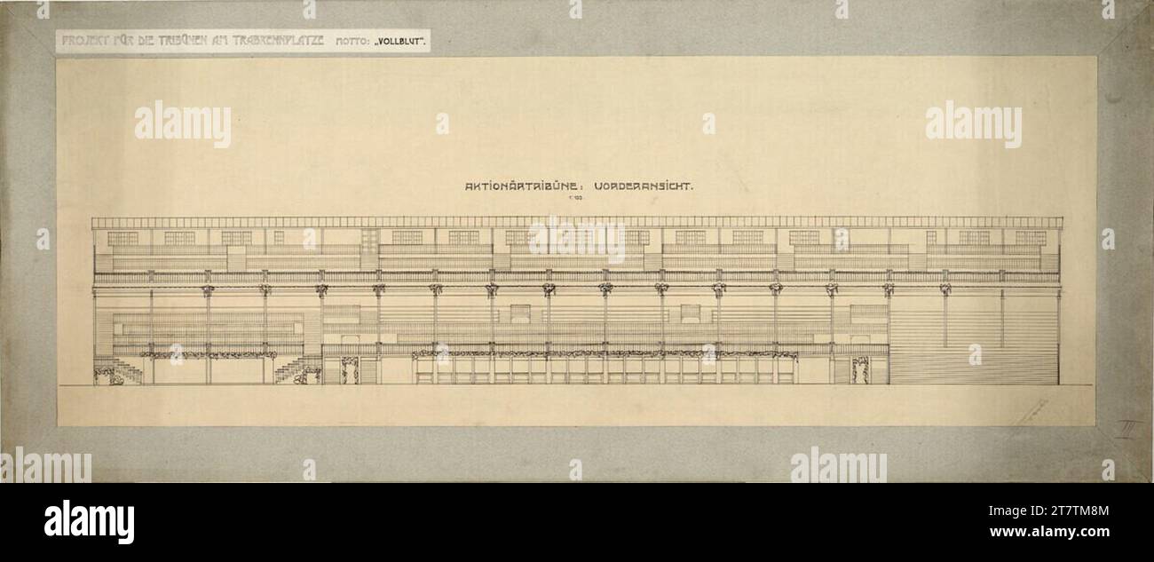 Gebrüder Anton und Josef Drexler (Entwerfer in) Vienna, Krieau, trotto racing system, competition project 'puroghbred', drexler, azionisti, vista frontale, 1910. Disegno a matita e disegno a penna nera; cartone 1910 , 1910 Foto Stock