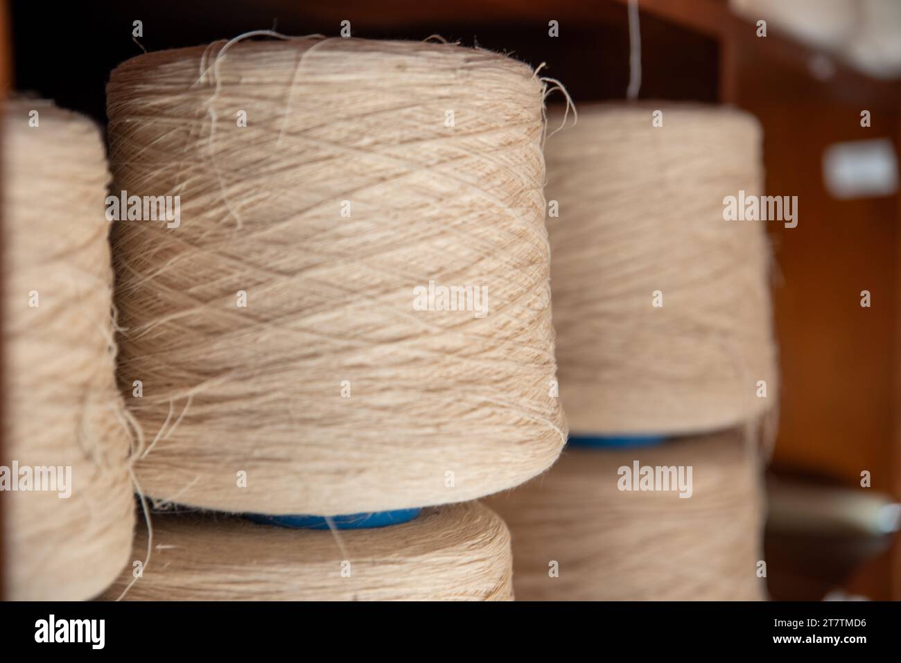 Manifattura tessile tradizionale filo per tessitura per l'industria tessile.estratto,rotoli di tessuto industriale di cotone. Foto di alta qualità Foto Stock