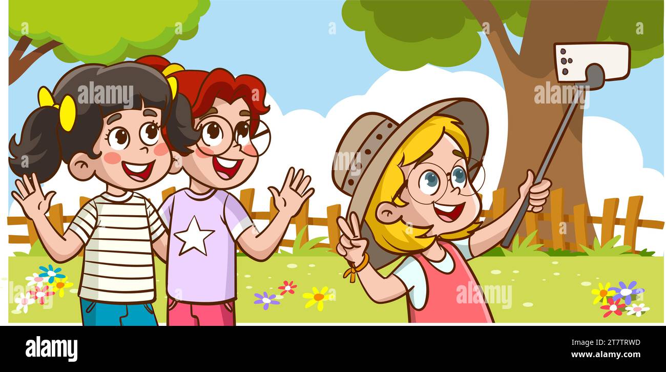 Simpatici bambini che prendono Selfie con il vettore di cartoni animati del telefono Illustrazione Vettoriale