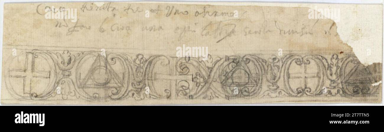 Francesco Borromini (Entwerfer in) Roma, San Carlo tutte e quattro Fontane, decorazione del fregio con simboli trinitari. Carta, fine; disegno in grafite; disegno ed etichettatura in grafite 1640-1641 , 1640/1641 Foto Stock