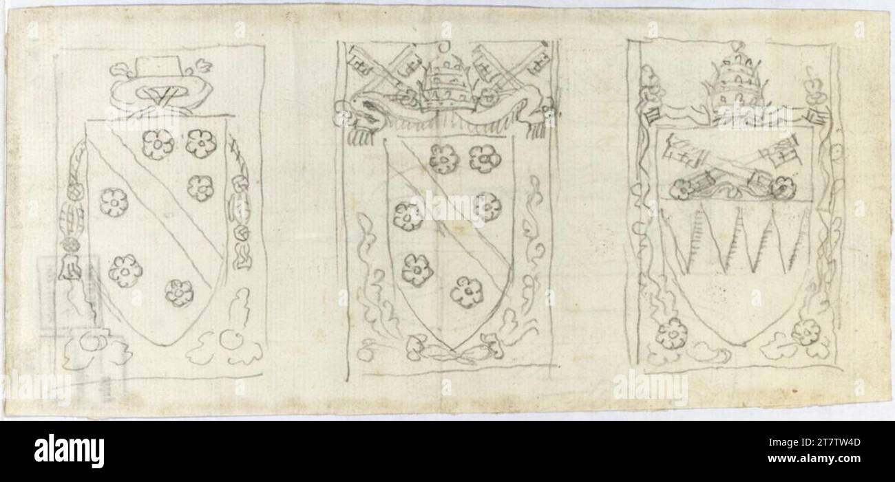 Francesco Borromini (Entwerfer in) Roma, San Giovanni in Laterano, due stemmi papali e uno stemma cardinale in campi rettangolari. Carta, fine; disegno grafico; disegno (fischio?) In grafite Foto Stock