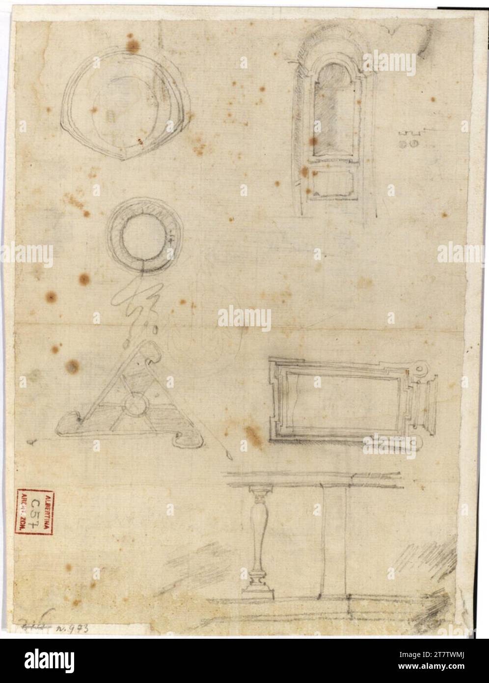 Francesco Borromini (Entwerfer in) Roma, Palazzo Barberini, varie componenti. Carta, media -forte; schizzo grafite; schizzi in grafite 1631 , 1631 Foto Stock