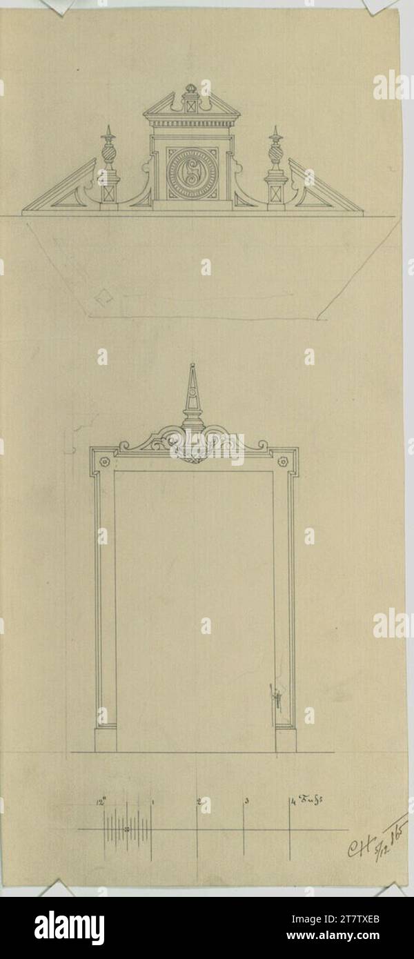 Carl von Hasenauer telaio porta e sovramaporte o tetto finestra nello stile neorinascimentale tedesco, recupero e taglio. Matita, penna in nero 5.12.1865 , 1865-12-05 Foto Stock