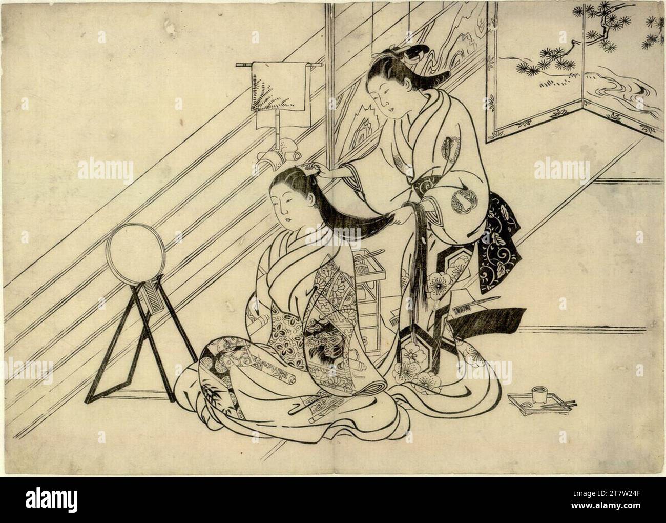 Nishikawa Sukenobu Hairdress. Woodcut Foto Stock