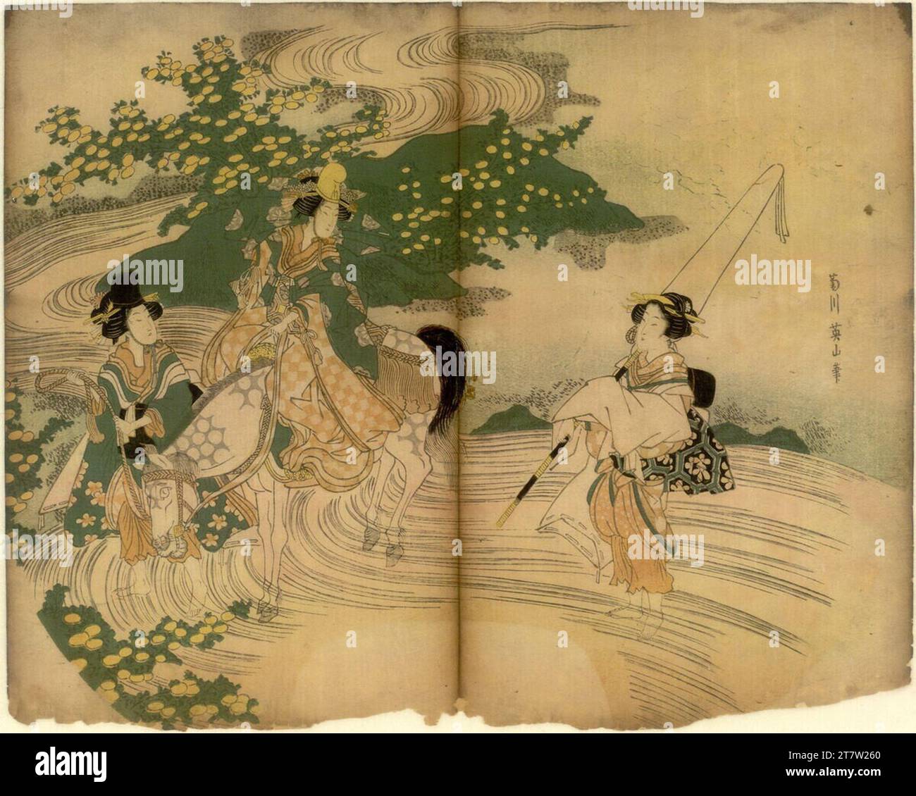 Kikugawa Eizan attraversamento del fiume. Legno colorato Foto Stock