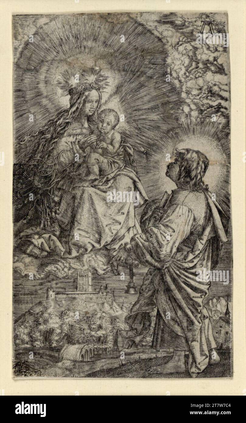 Albrecht Altdorfer Vergine e bambino tra le nuvole appaiono a San John d. Evangelisti. Stampa con incisione in rame intorno al 1515-1520 Foto Stock