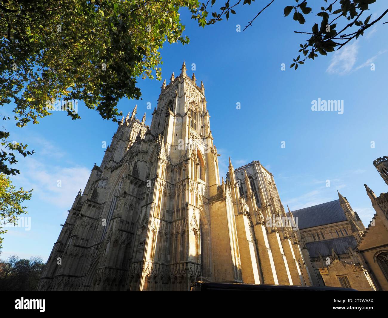 Guardando le torri occidentali della cattedrale di York in autunno, nella città di York, Yorkshire, Inghilterra Foto Stock