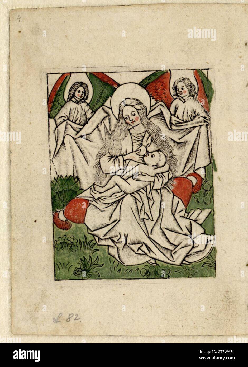 Meister mit den Blumenrahmen la Madonna che allatta con due angeli. Incisione in rame, zweites colorate Drittel des 15. Centurys Foto Stock