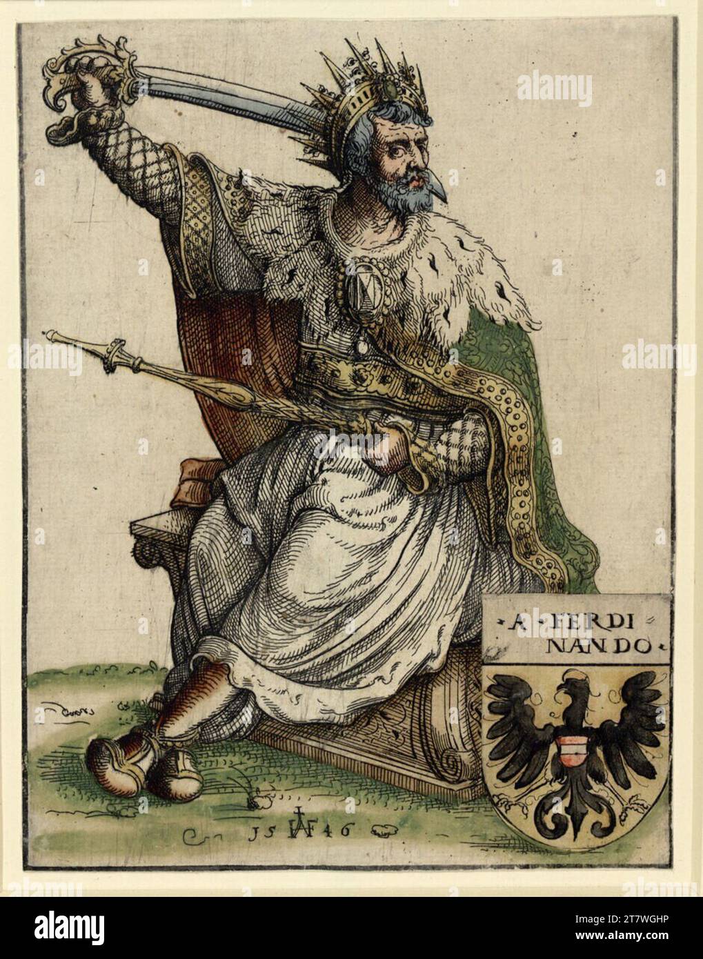 Augustin Hirschvogel König Ferdinand I... Incisione, colorata 1546 , 1546 Foto Stock