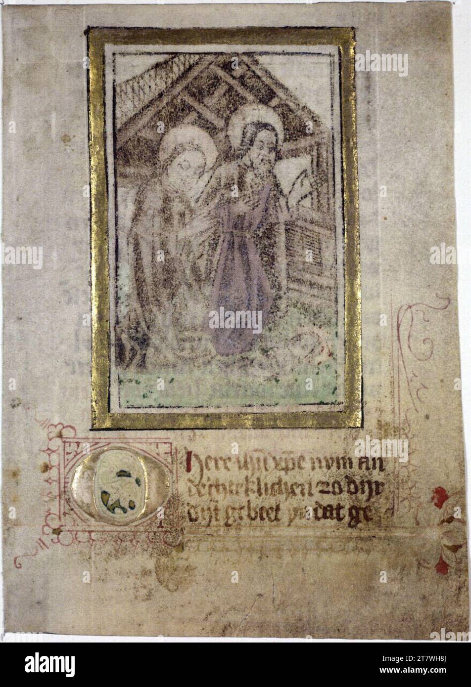 Anonimo Birth of Christ. Legno su pergamena colorata, cornice dorata, testo scritto a mano Foto Stock