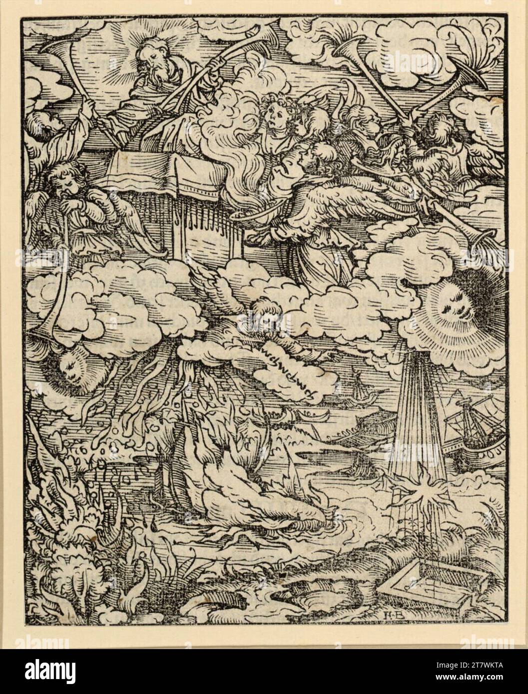 Hans Burgkmair d. Ä, il padre di Dio distribuisce i sette tromboni agli angeli. Woodcut 1523 , 1523 Foto Stock