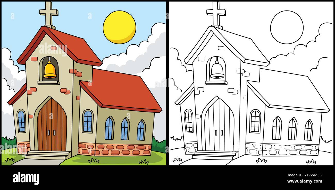Illustrazione della pagina da colorare della Chiesa cristiana Illustrazione Vettoriale