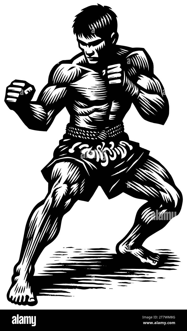 Combattente thailandese Muay in azione, stile tagliato su legno, bianco e nero, che trasuda potenza e agilità. Illustrazione Vettoriale