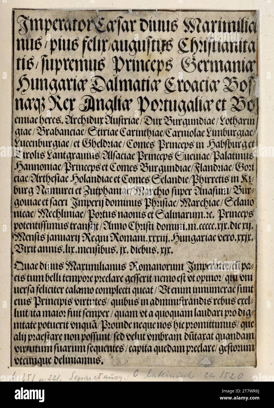 Albrecht Dürer (laboratorio) la porta onoraria dell'imperatore Massimiliano i, edizione separata delle rappresentazioni storiche, titolo. Woodcut 1515 (Separatausgabe C, lateinisch, intorno al 1520) , 1515 Foto Stock