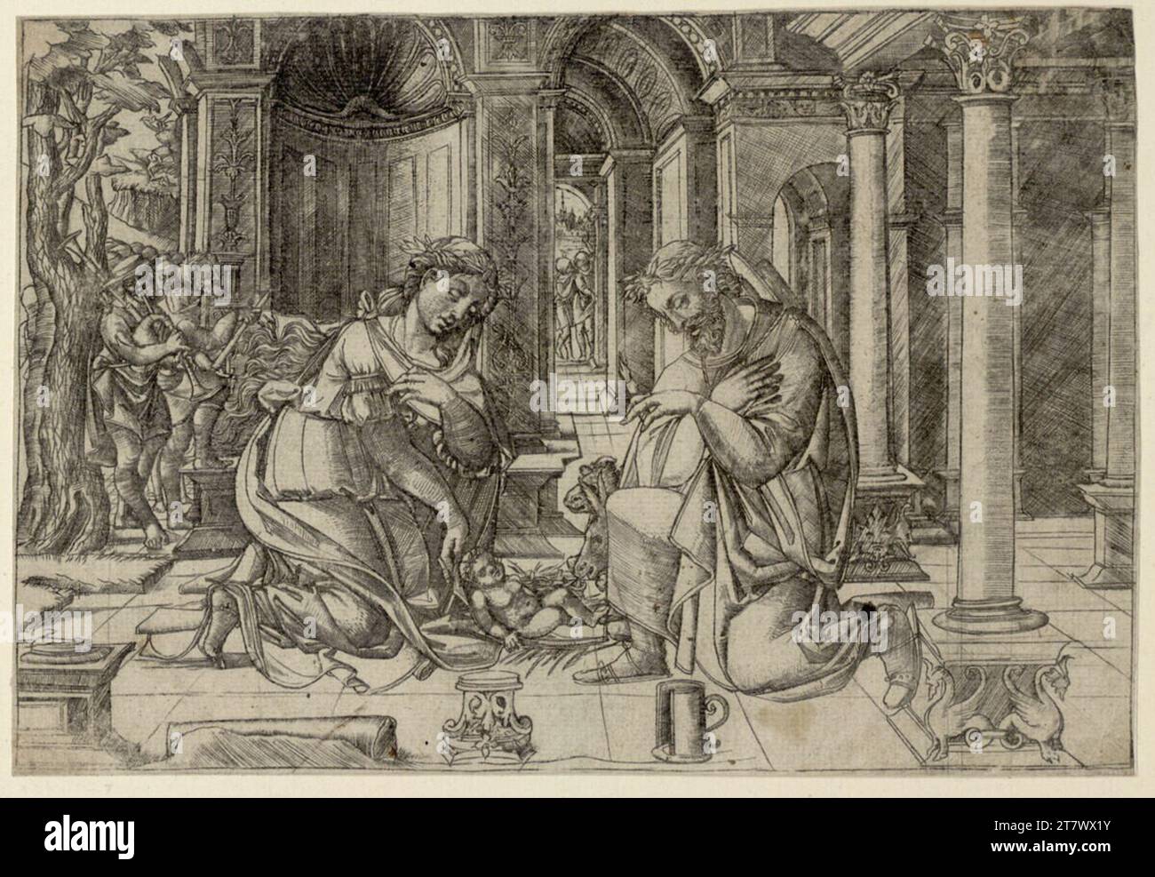 Jean piumino nascita di Cristo (con una candela). Stampa con incisione in rame intorno al 1520-1530 Foto Stock