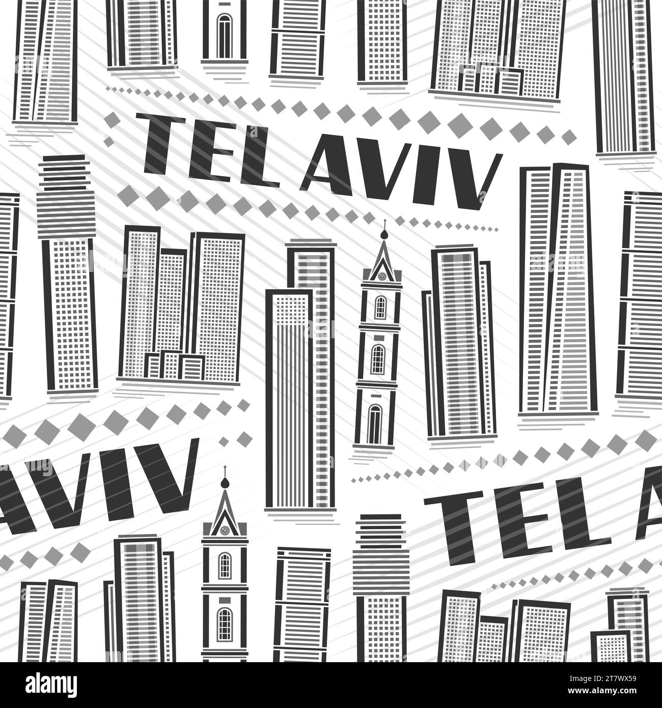 Modello senza cuciture Vector Tel Aviv, sfondo quadrato ripetuto con illustrazione del famoso paesaggio della città ebraica su sfondo bianco, linea art urba monocromatica Illustrazione Vettoriale