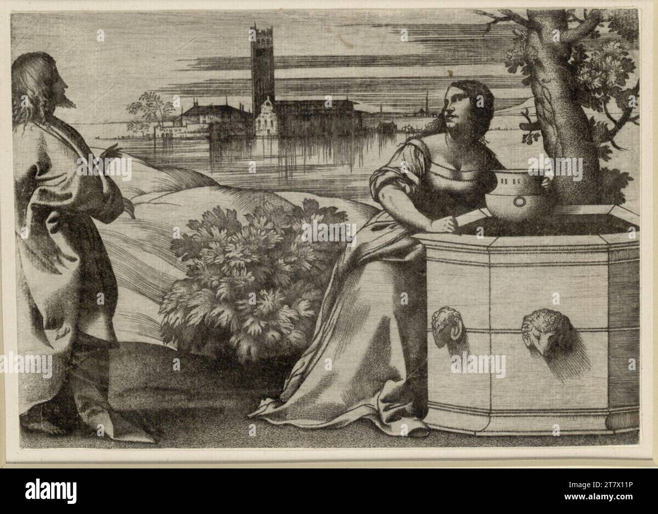 Giulio Campagnola Cristo e il samaritano. Stampa in rame (Ende 15. Secolo, 1. Hälfte 16. Secolo) Foto Stock