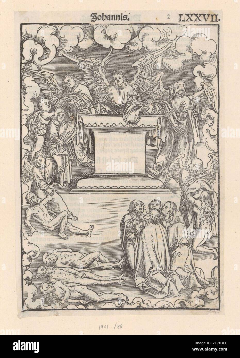 Lucas Cranach d. Ä. Nuovo Testamento (Luther-Bible): Apertura del quinto sigillo, l'abbigliamento dei martiri sotto l'altare (Apocalisse di Giovanni 6, 9-11). Taglio del legno e stampa tipo 1522 , 1522 Foto Stock