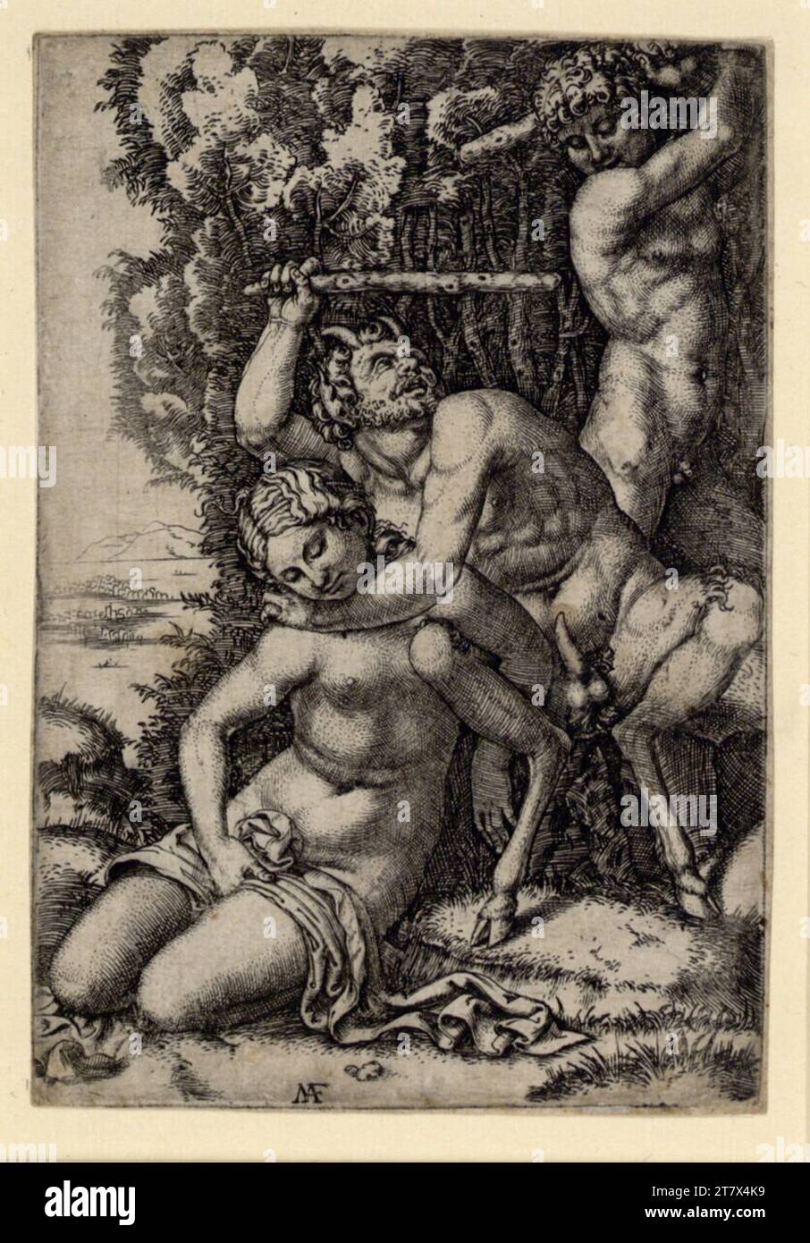 Marcantonio Raimondi Satyr, che combatte per la ninfa. Stampa con incisione in rame intorno al 1505 - 1510 Foto Stock