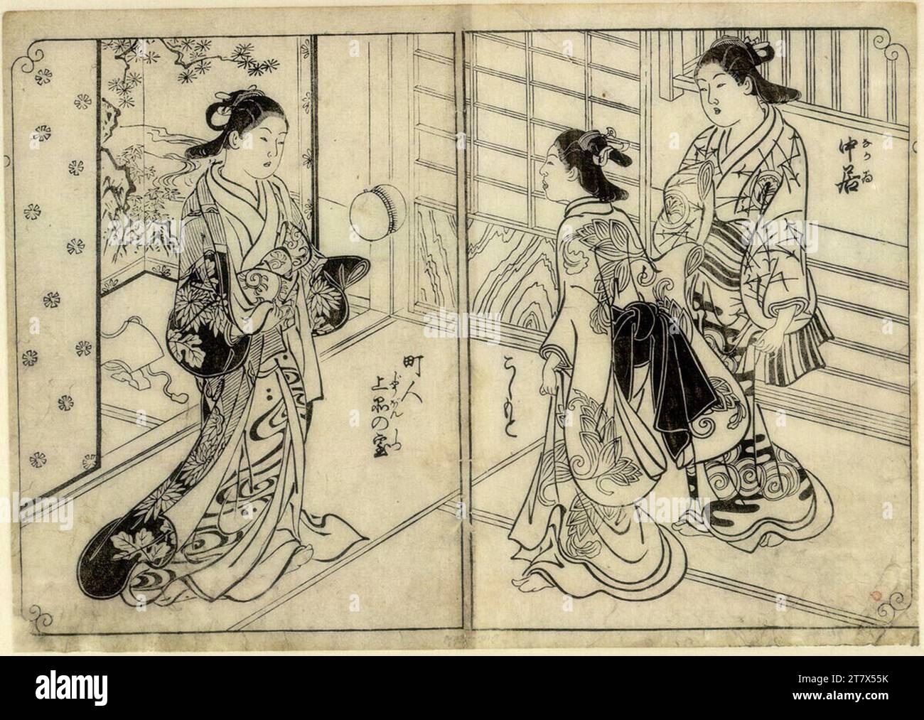 Nishikawa Sukenobu tre ragazze nel calcio Kemare (doppia pagina, illustrazione dal lavoro 'Hyakunin Joro Shinasadame', 1723). Legno tagliato, pressione vernice nera Foto Stock