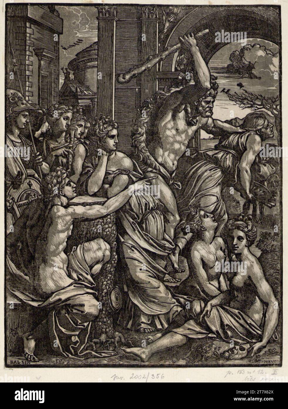Ugo da Carpi Ercole vende l'avarizia dal tempio delle muse. Clair obscur Woodcut, due lastre (grigio-marrone); seconda versione intorno al 1517-1520 Foto Stock