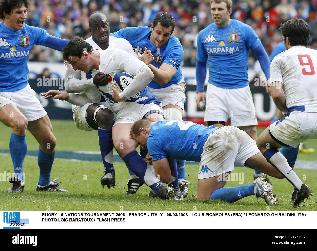 RUGBY - 6 NATIONS TOURNAMENT 2008 - FRANCIA / ITALIA - 09/03/2008 - LOUIS PICAMOLES (FRA) / LEONARDO GHIRALDINI (ITA) - PHOTO LOIC BARATOUX / FLASH PRESS Foto Stock